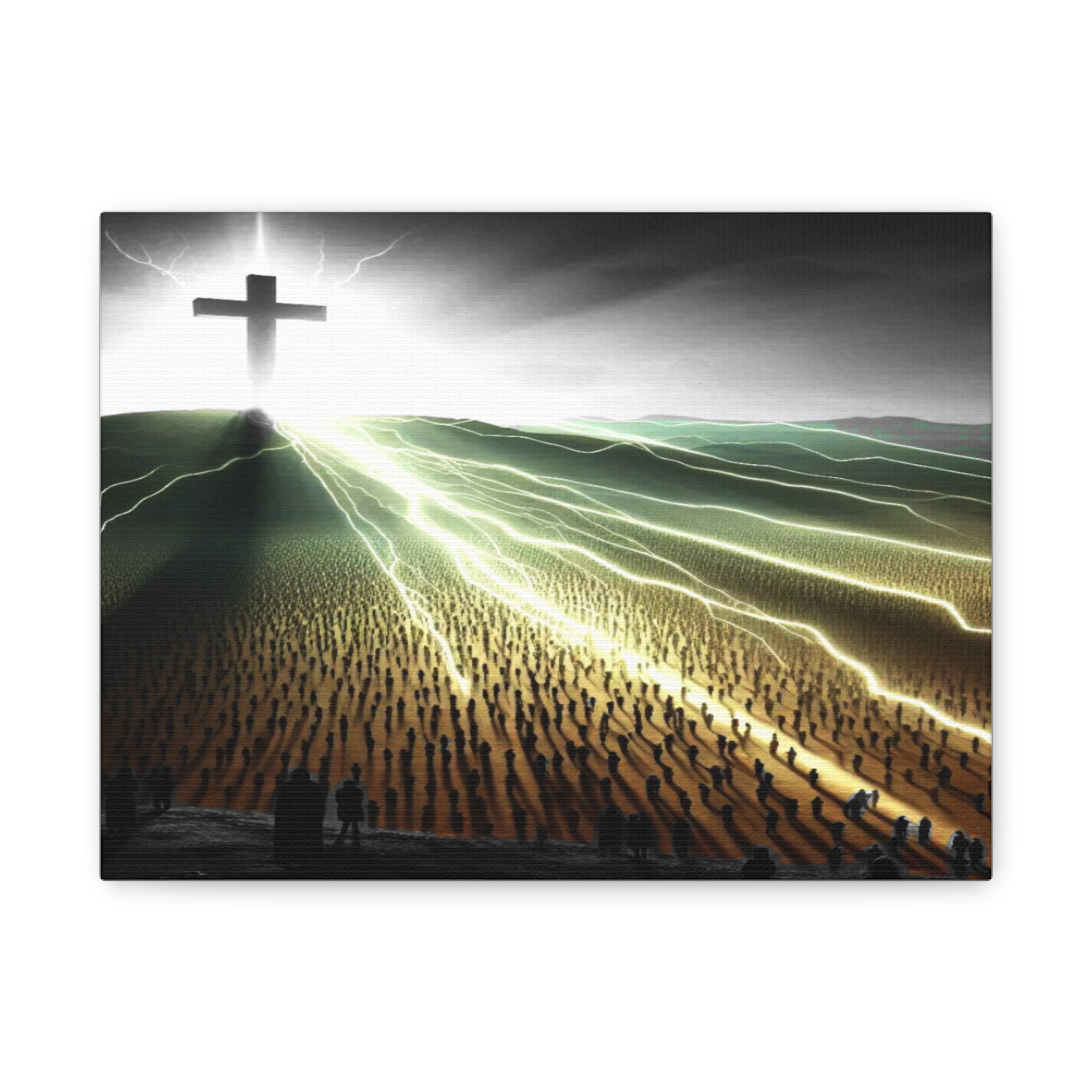 Resurrection Cross Matte Canvas Wall Art — Dramatic Light Over Crowds Christian Canvas