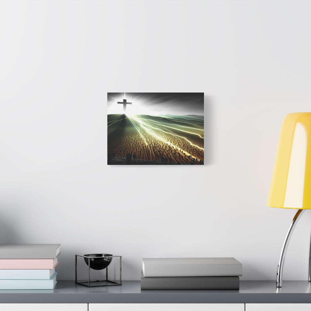 Resurrection Cross Matte Canvas Wall Art — Dramatic Light Over Crowds Christian Canvas