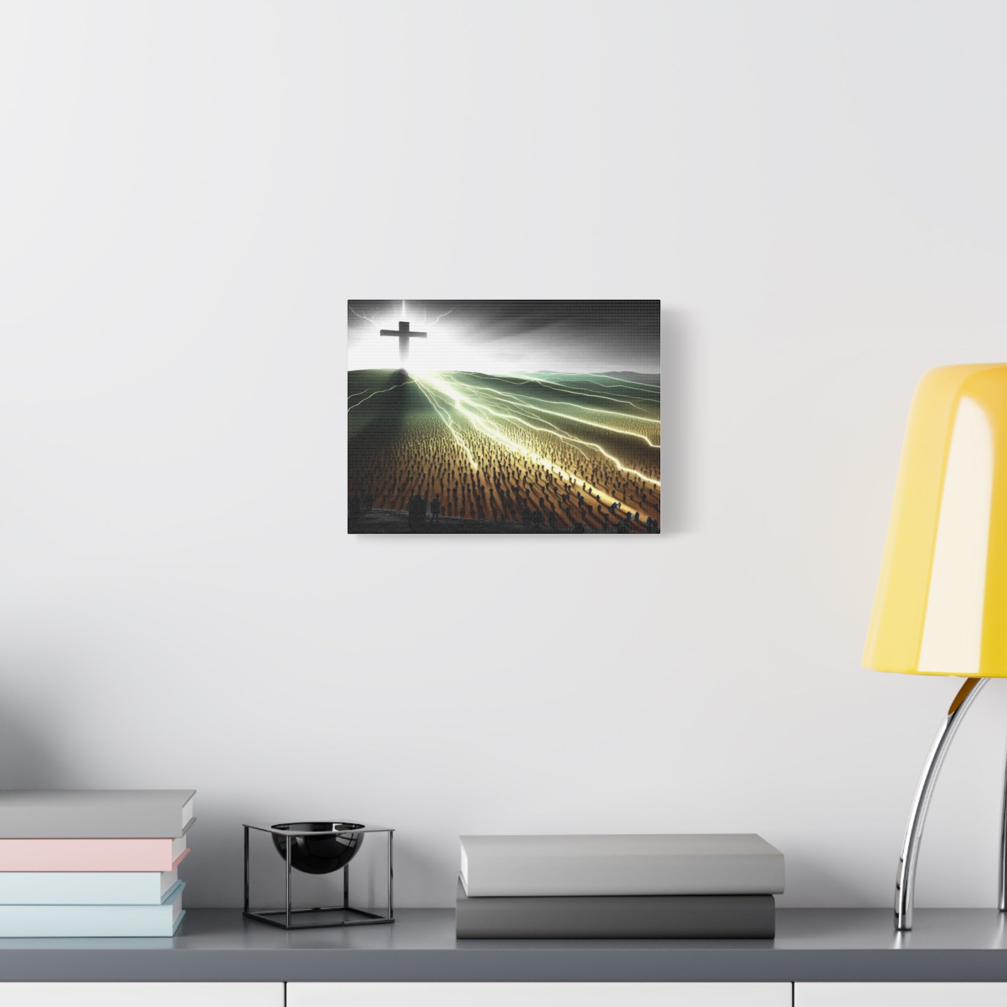 Resurrection Cross Matte Canvas Wall Art — Dramatic Light Over Crowds Christian Canvas