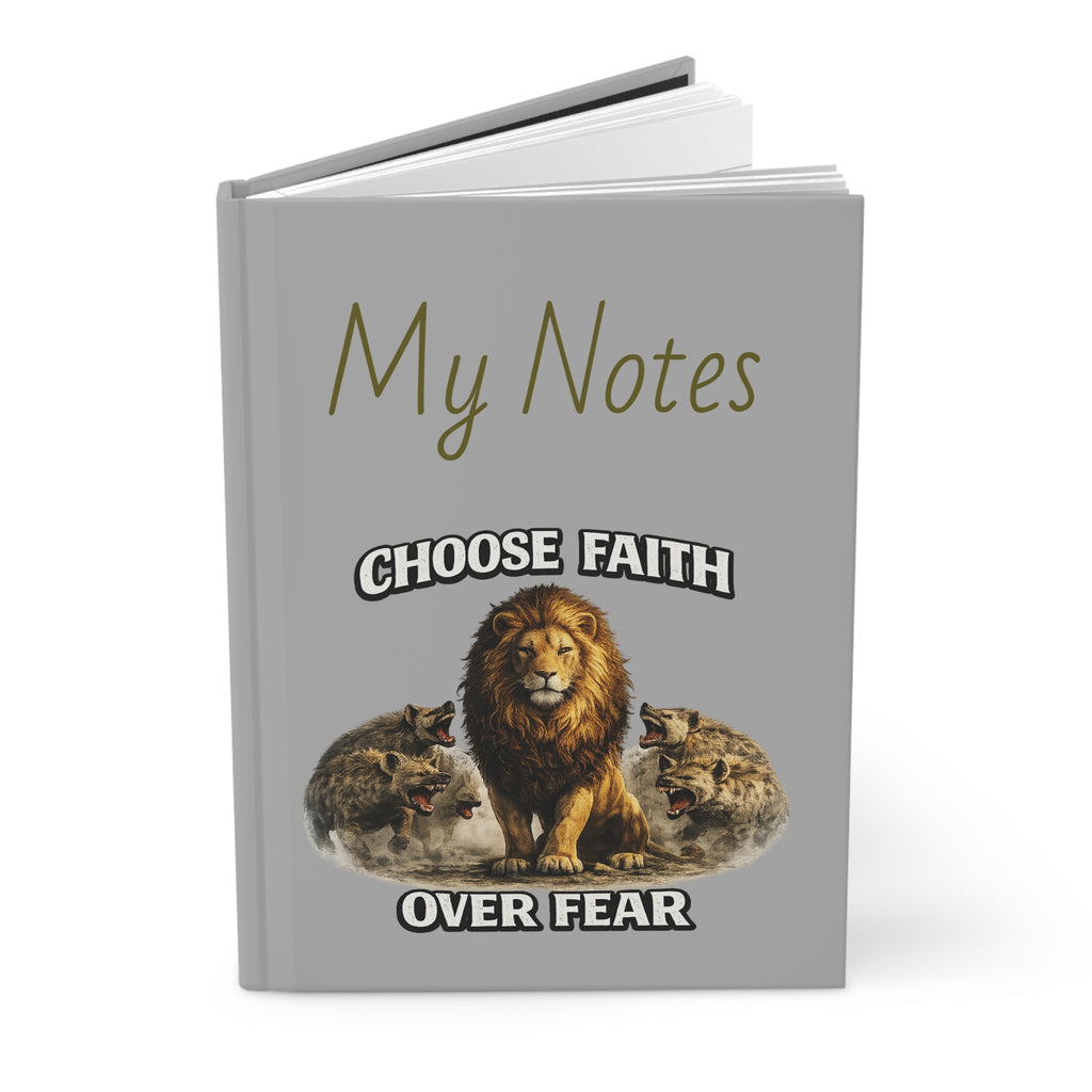 Faith Over Fear Hardcover Journal — Proverbs 28:1 Lion Design Notebook
