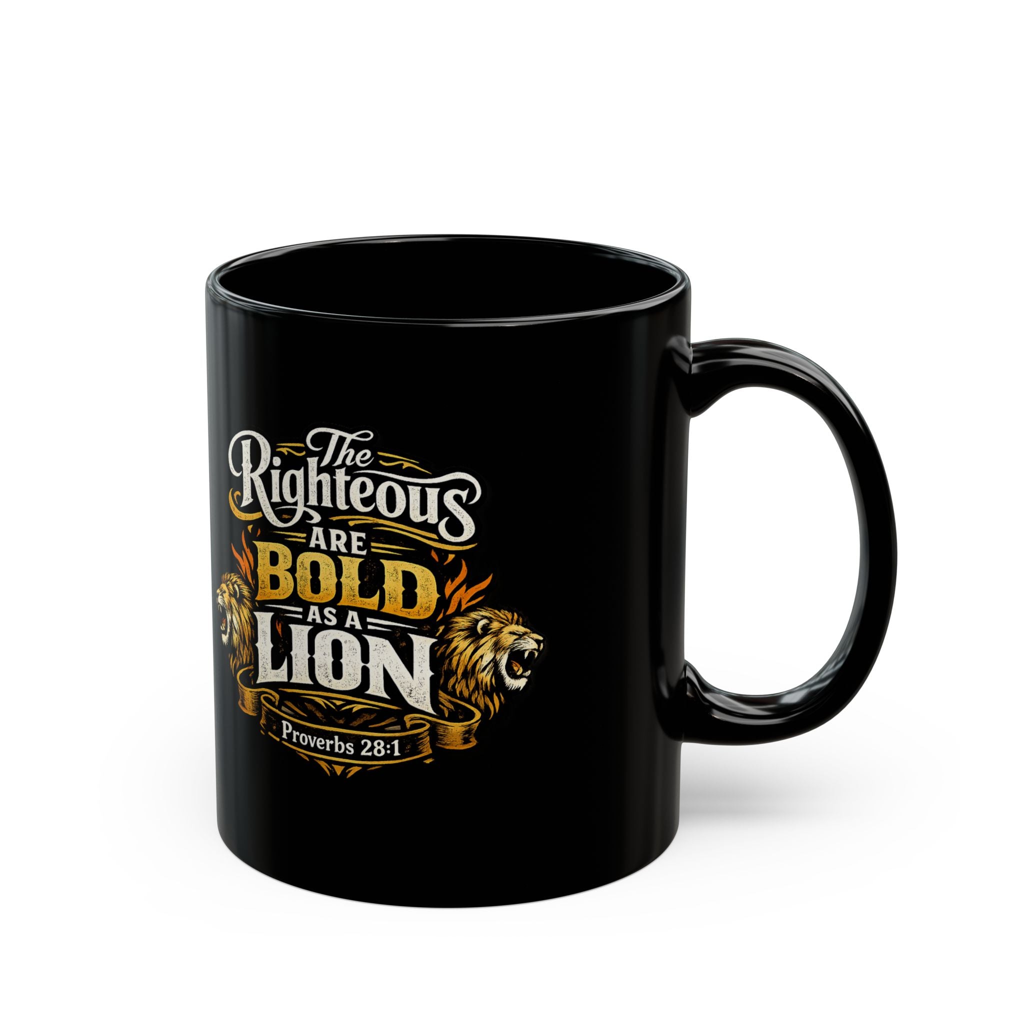 Mug noir Audacieux comme un lion — Tasse à café inspirante « Les justes sont audacieux comme un lion » (325 ml/443 ml)