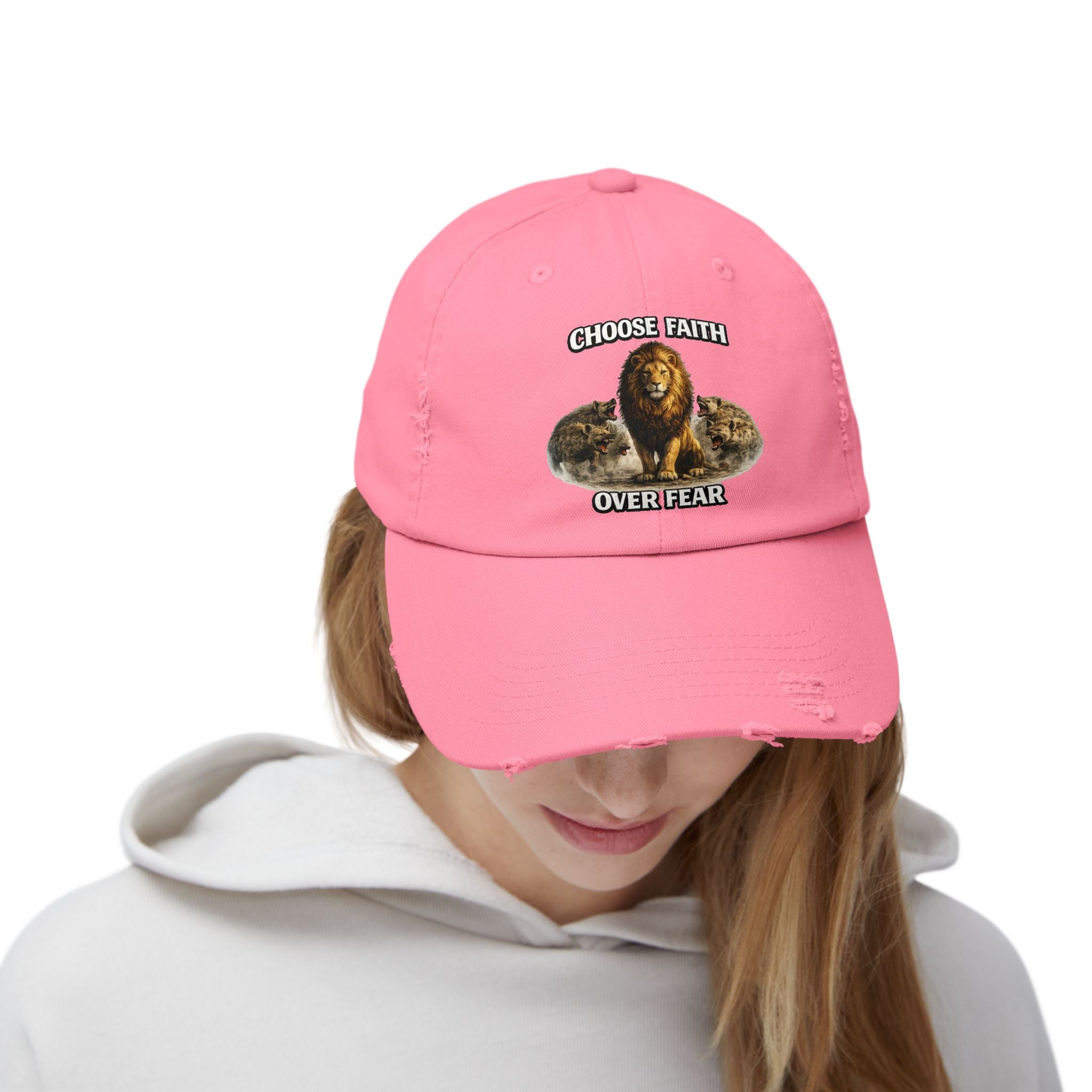 Choose Faith Over Fear Distressed Cap — Lion Graphic Baseball Hat
