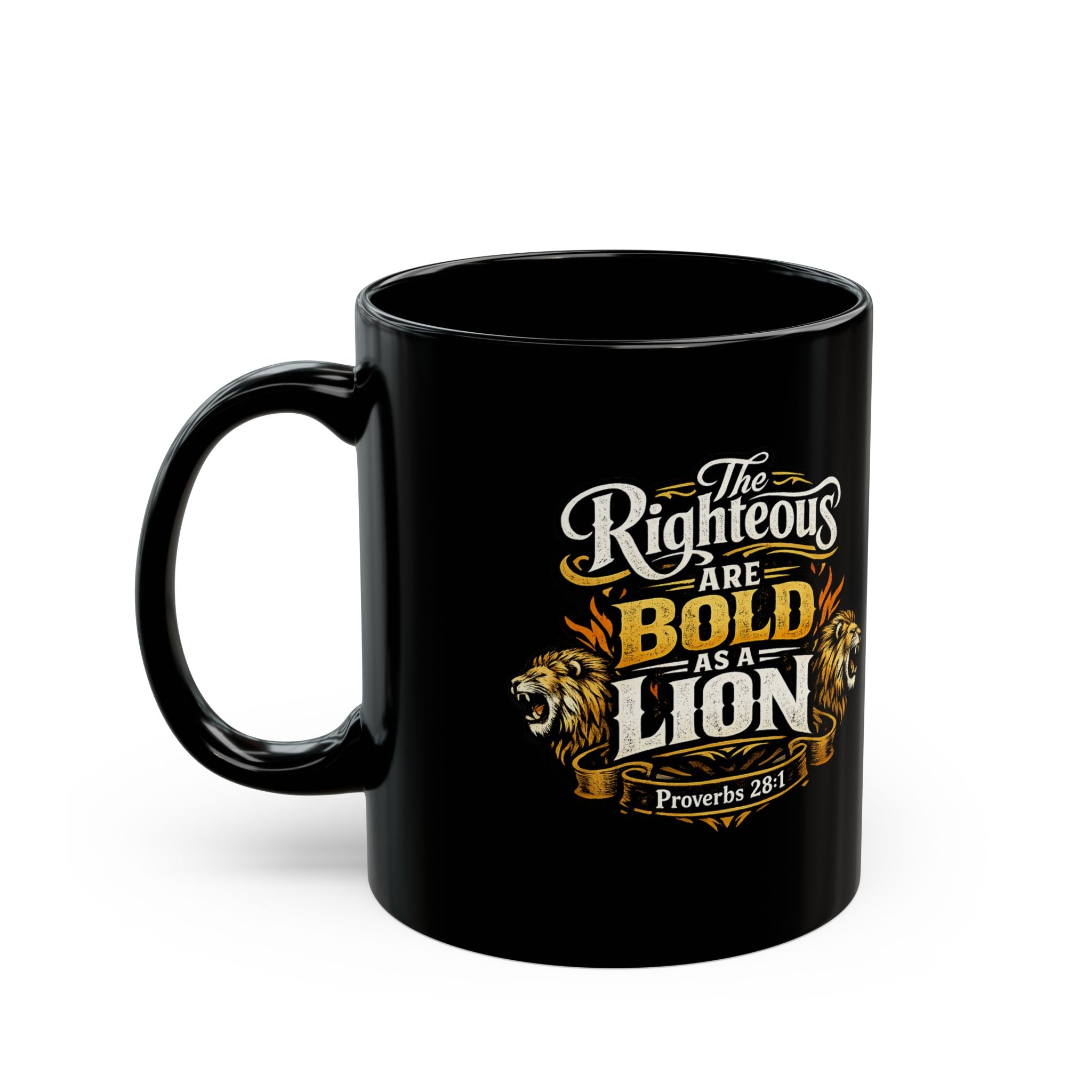 Mug noir Audacieux comme un lion — Tasse à café inspirante « Les justes sont audacieux comme un lion » (325 ml/443 ml)