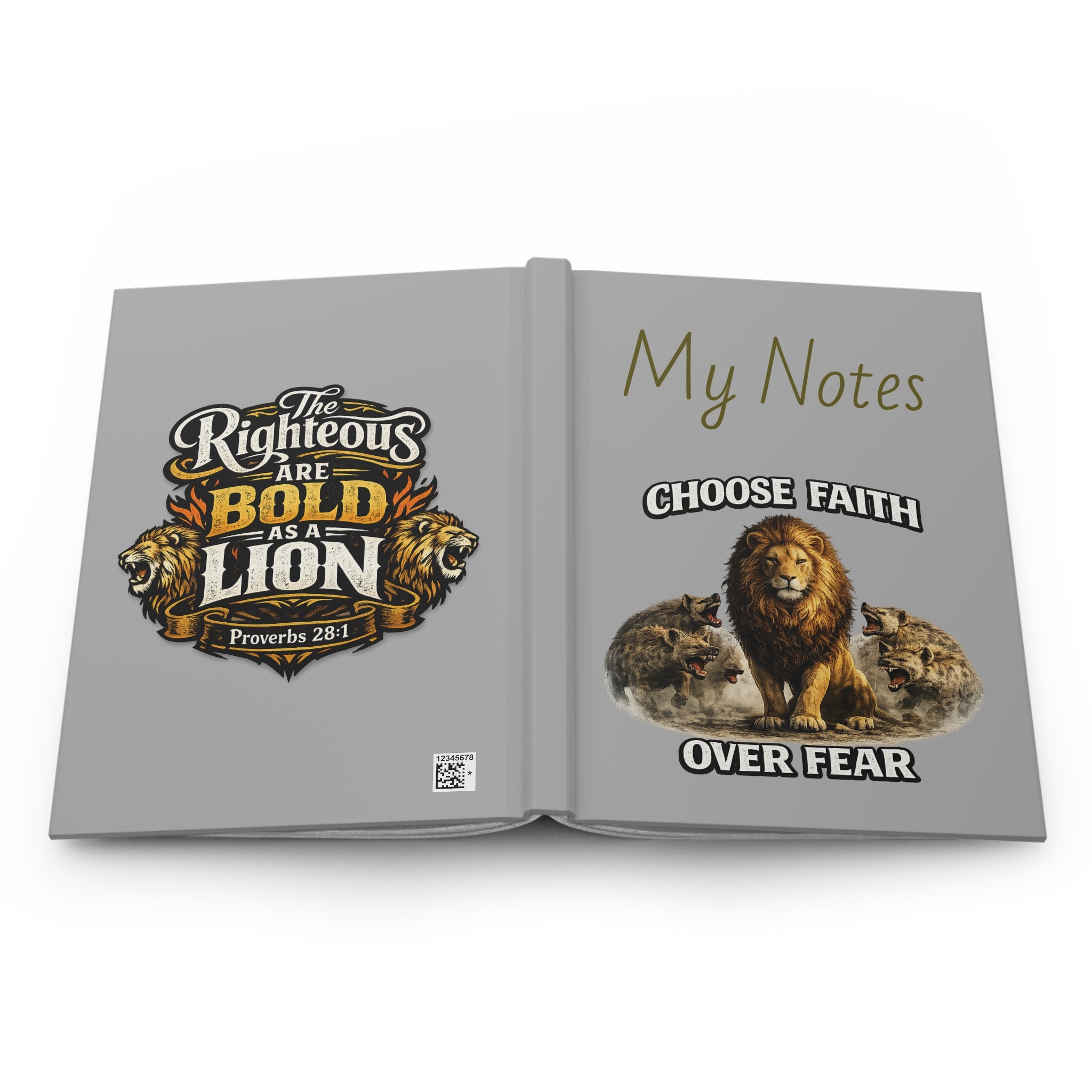 Faith Over Fear Hardcover Journal — Proverbs 28:1 Lion Design Notebook