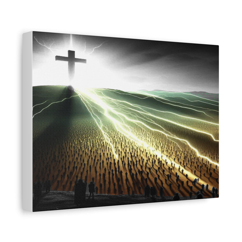Resurrection Cross Matte Canvas Wall Art — Dramatic Light Over Crowds Christian Canvas