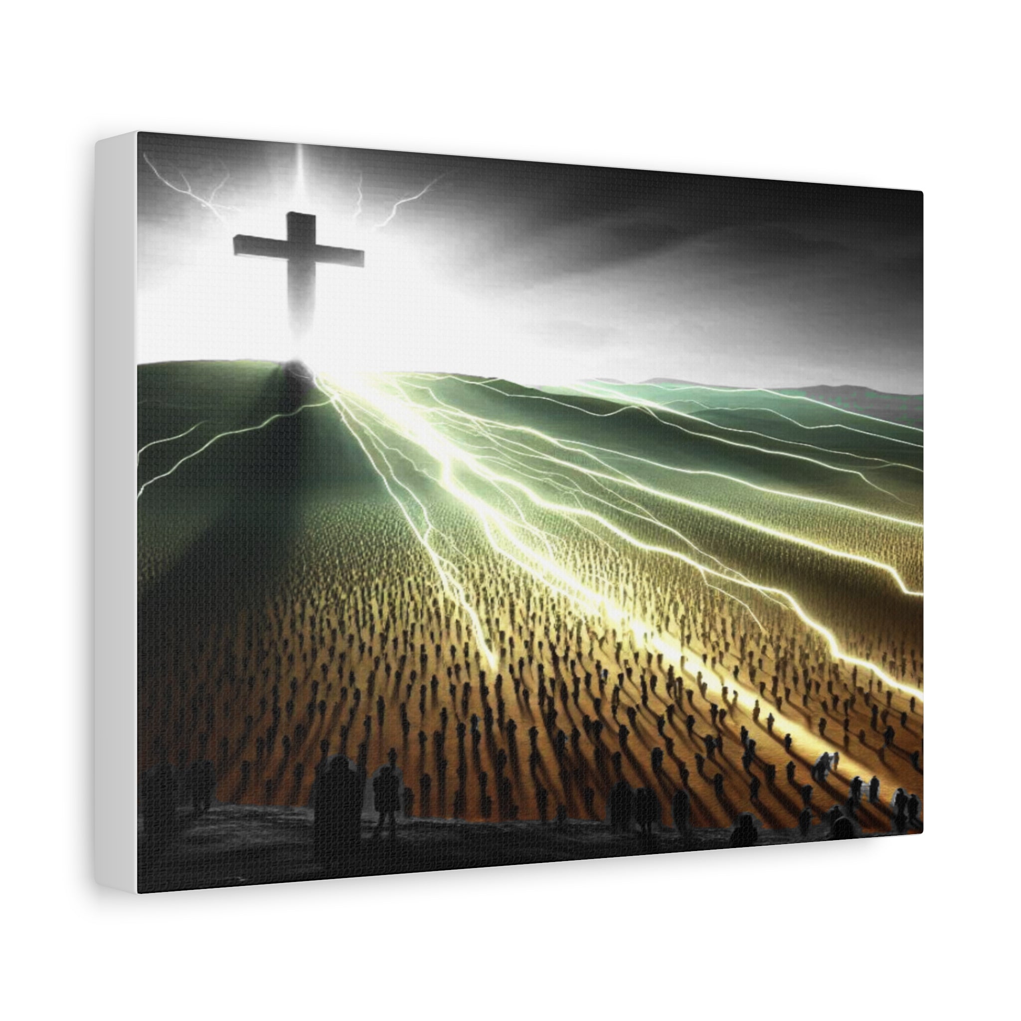 Resurrection Cross Matte Canvas Wall Art — Dramatic Light Over Crowds Christian Canvas