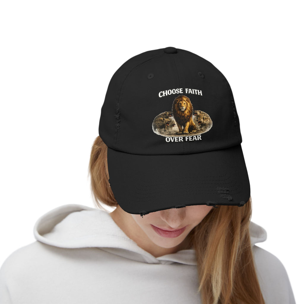 Choose Faith Over Fear Distressed Cap — Lion Graphic Baseball Hat