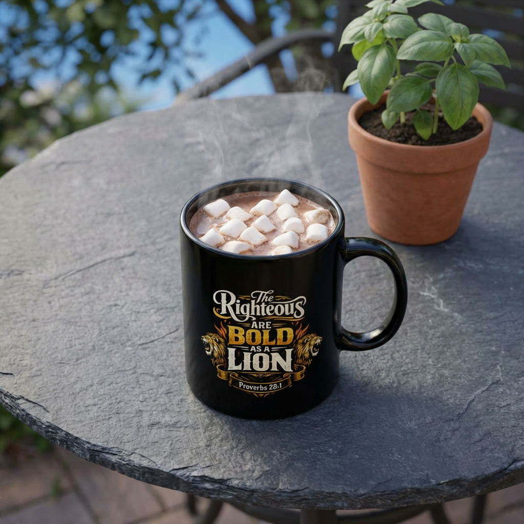 Bold as a Lion Black Mug — “The Righteous Are Bold as a Lion” Inspirational Coffee Cup (11oz/15oz)