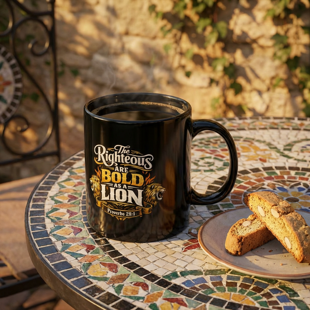 Bold as a Lion Black Mug — “The Righteous Are Bold as a Lion” Inspirational Coffee Cup (11oz/15oz)