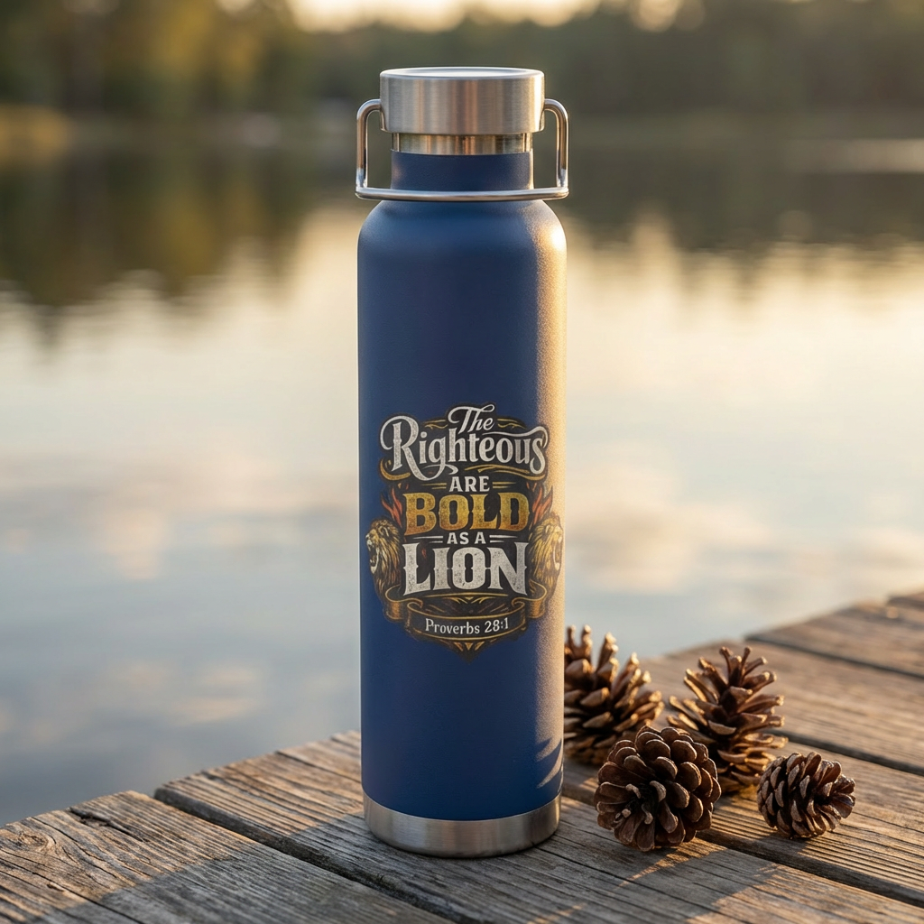 22oz Insulated Water Bottle — “The Righteous Are Bold as a Lion” Christian Stainless Steel Flask