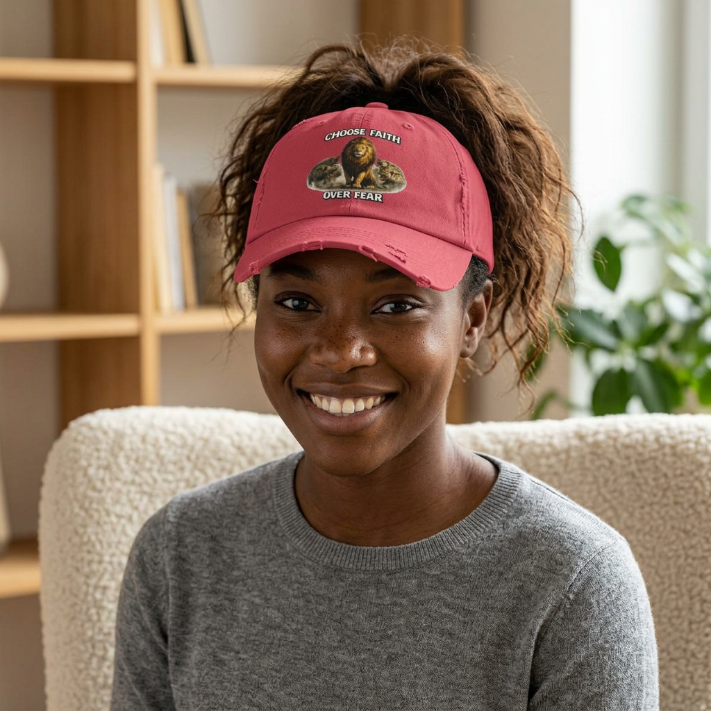 Choose Faith Over Fear Distressed Cap — Lion Graphic Baseball Hat