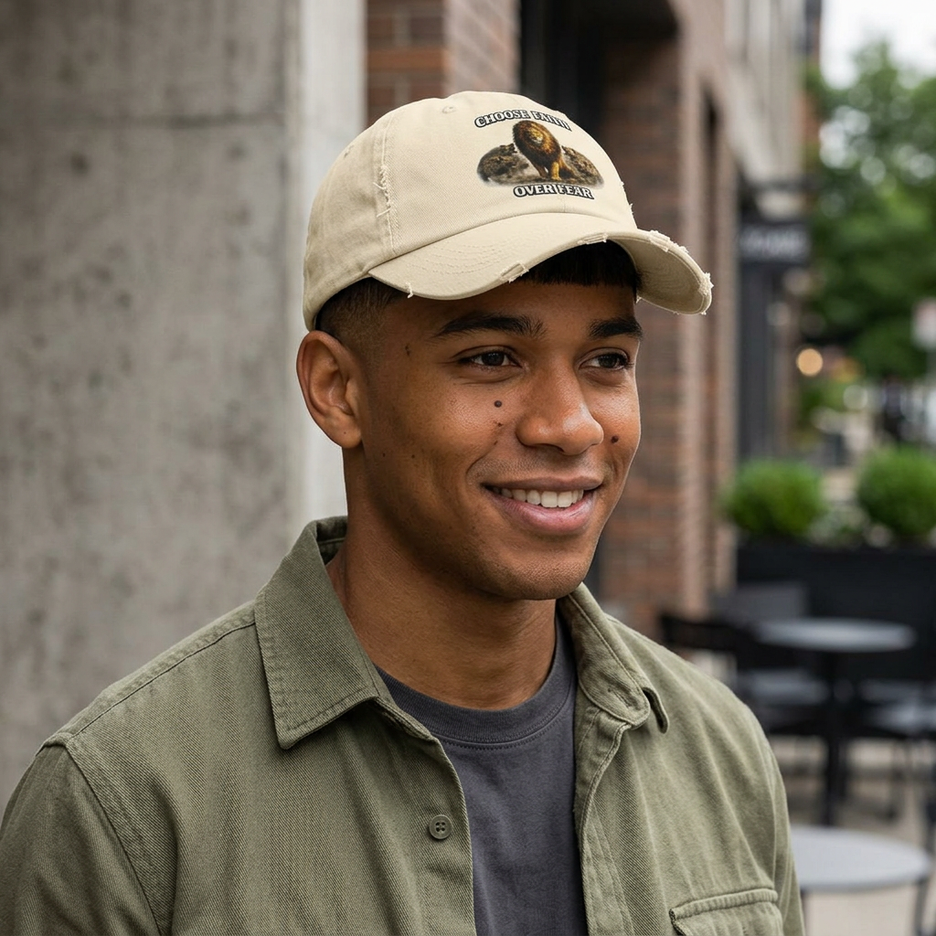 Choose Faith Over Fear Distressed Cap — Lion Graphic Baseball Hat
