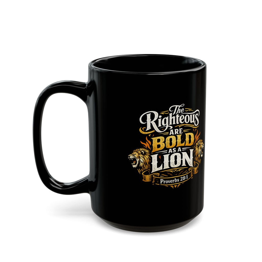 Mug noir Audacieux comme un lion — Tasse à café inspirante « Les justes sont audacieux comme un lion » (325 ml/443 ml)