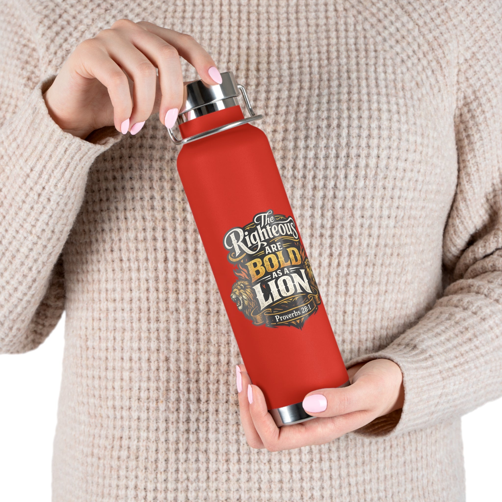 22oz Insulated Water Bottle — “The Righteous Are Bold as a Lion” Christian Stainless Steel Flask