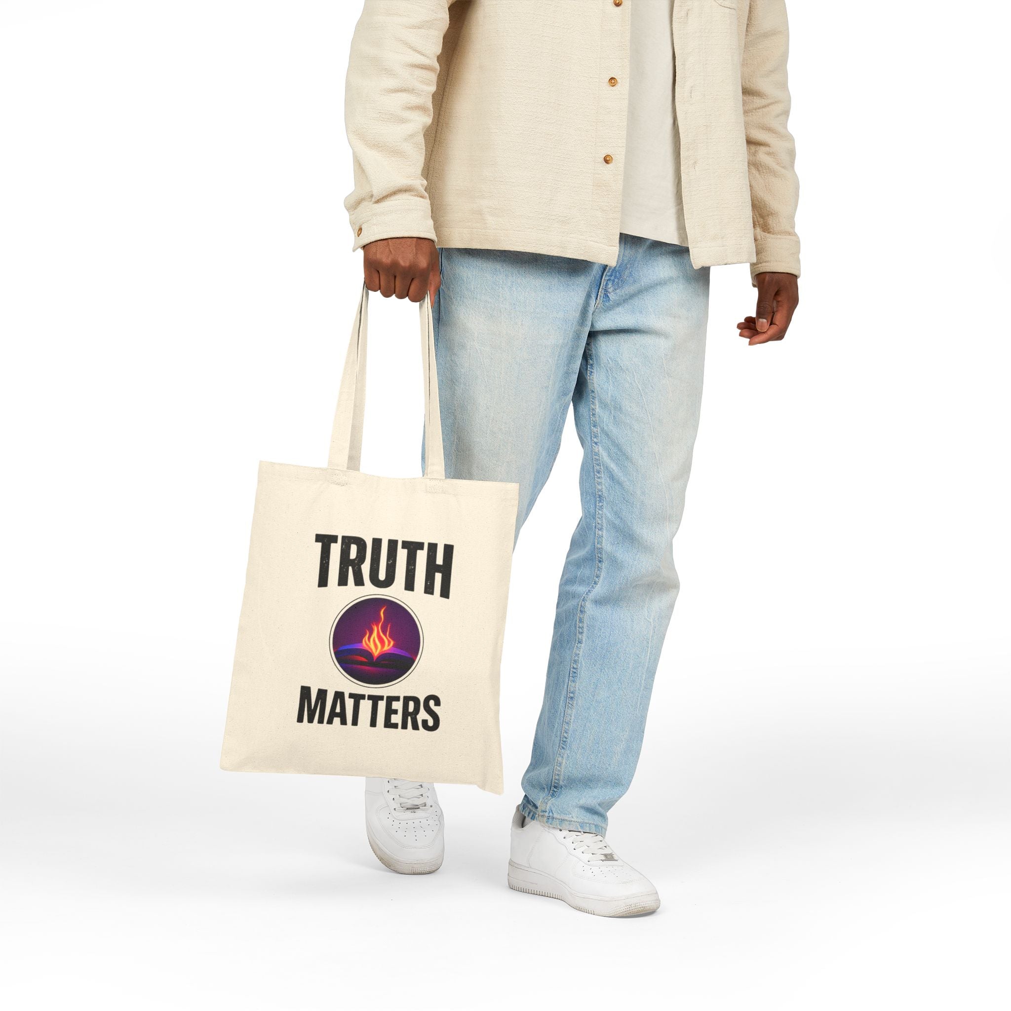 Truth Matters Canvas Tote Bag — Flaming Book Graphic Cotton Shopper