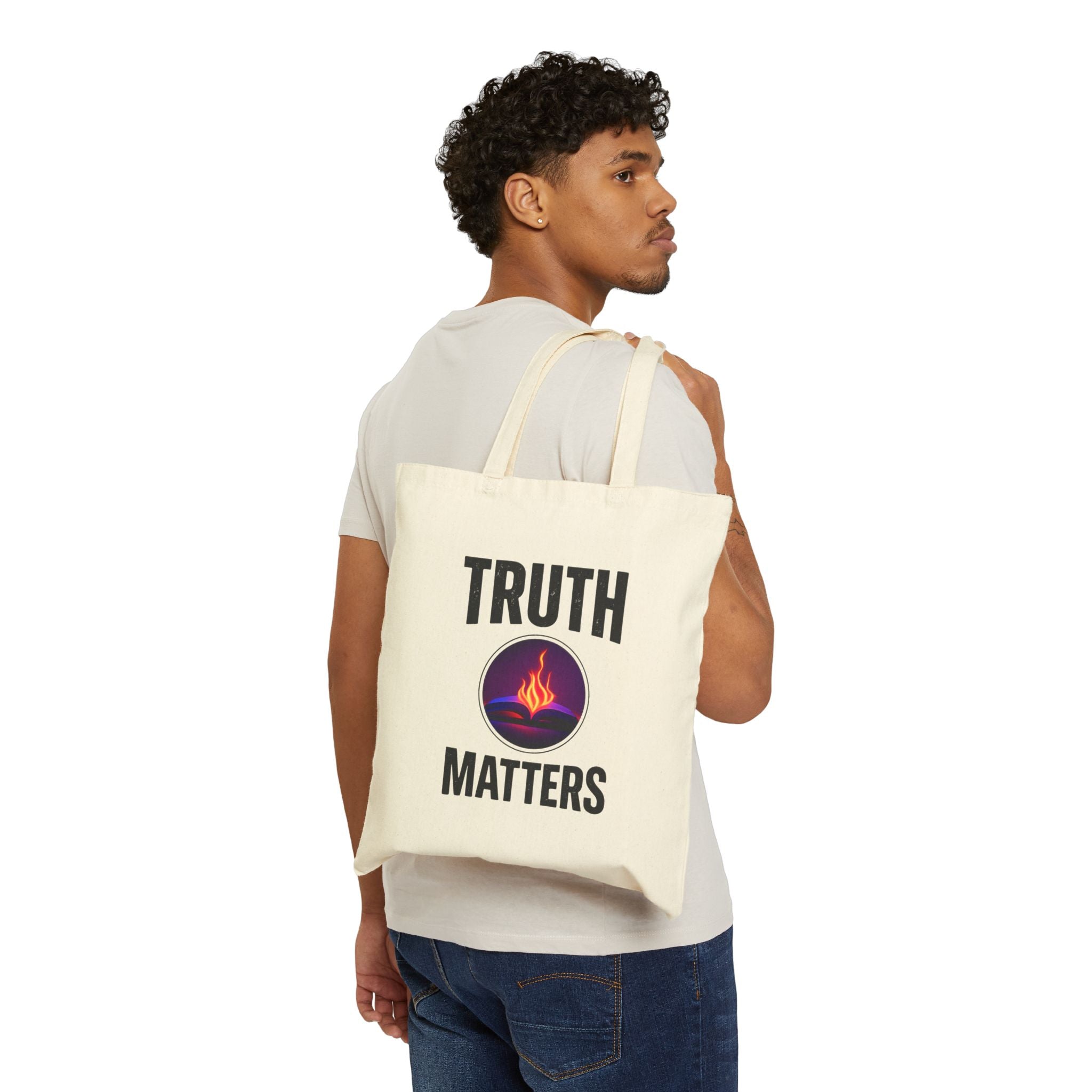 Truth Matters Canvas Tote Bag — Flaming Book Graphic Cotton Shopper