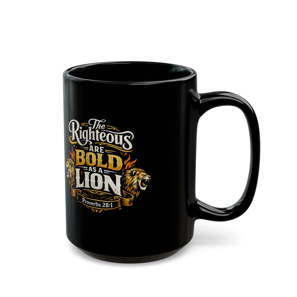 Mug noir Audacieux comme un lion — Tasse à café inspirante « Les justes sont audacieux comme un lion » (325 ml/443 ml)