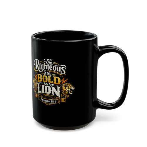 Mug noir Audacieux comme un lion — Tasse à café inspirante « Les justes sont audacieux comme un lion » (325 ml/443 ml)